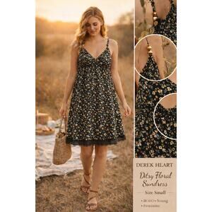 Derek Heart Floral Sundress Size L Black Ditsy Boho Lace Trim Mini Y2K